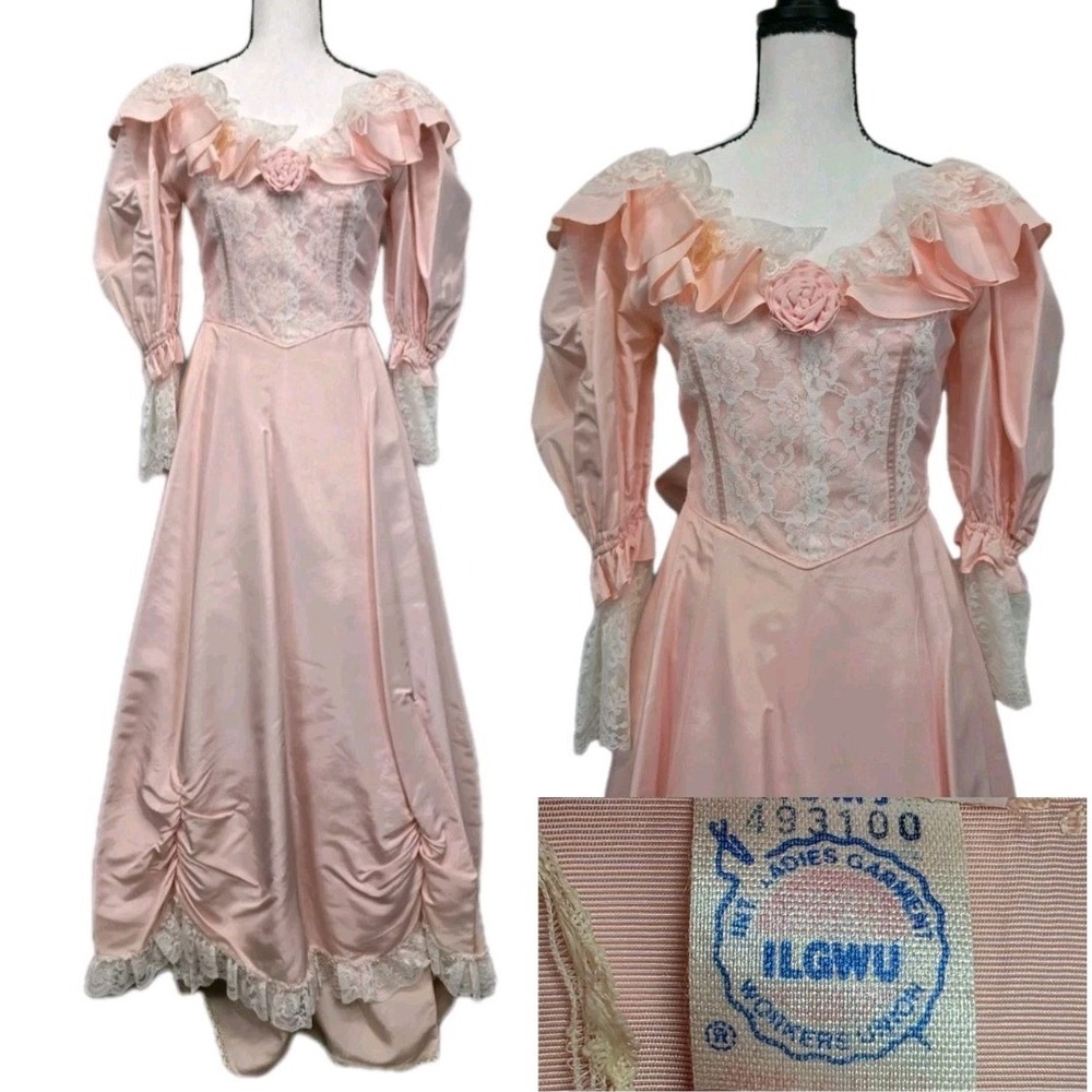 Vtg 70s Union Made Dress Pink Lace Coquette Cottage Prairie Prom Bridgerton 3182